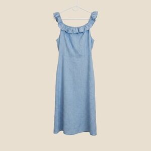 Saks Fifth Avenue Blue Linen Ruffle Off Shoulder Midi Dress Large Euro Summer